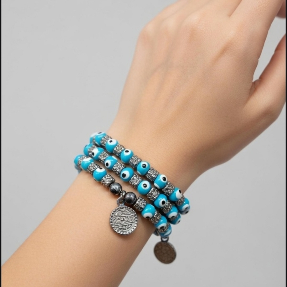 Blue Evil Eye And Beaded 3-Tier Stretch Bracelet